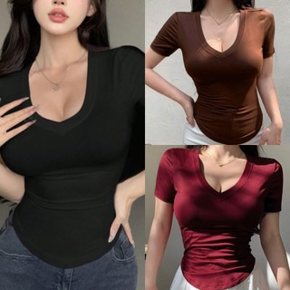 Buy1Take2=3 KILY Plus Size Casual Solid VNeck Top Short Sleeve T-Shirt Basic Body Hugging Top 6A0330