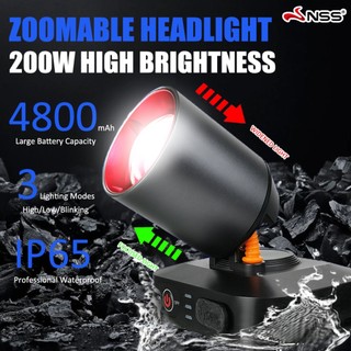 NSS Headlamp Waterproof Telescopic Zoomable Headlight 200W  Outdoor Light Power Indicator USB Charge