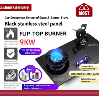 Flip Gas Stove double burner 9KW Hose and Battery Recessed LPG Large Gas Stove Dual Cooktop Free