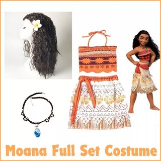 Full Set Moana Costume Set for Girls (Ages 1-10)&Wig&Necklace Perfect for Cosplay Dress-Up Party