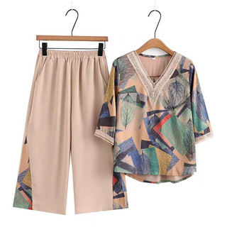 【Set】Plus Size Suit Women Casual Floral Printed Short-sleeved Blouse + Pants Two Piece Suits 6005