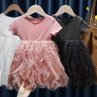 WAV Kids Bella Princess Tutu Dress White/Pink Pleated Tulle  Cotton Bodice Short Sleeves Knee-Length