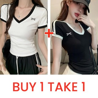 Women's Casual Cotton Plain T-Shirt Contrast Binding Bow Tape Detail - Breathable Ladies Top