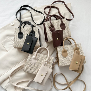 Mumu 5032 Cute 2in1 Small Woven Sling Bag Ladies Women Straw Square Shoulder Bag Wallet Set