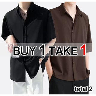 【 BUY 1 TAKE 1 】Plain  polo short sleeve shirt men top korean ice silk fabric american tops shirts