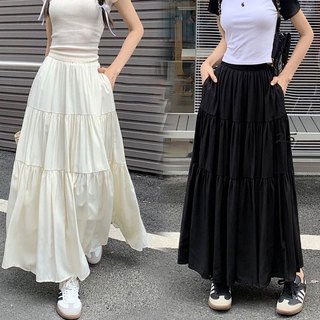 Maxi Pleated Skirt for Women With Pocket A-line Styling Elastic Waist Fashion Casual Long Skirt