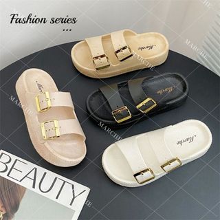 Marche Women's Slippers Two Strap With Gold Buckle Adjustable Strap Thick-Sole Rubber Sandals