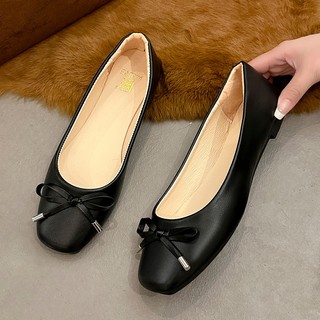 「KAEVE」black  square toe flat slip on bowknot doll loafer shoes for women school