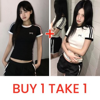 Women's Cotton Korean Embroidery Stripe Round Neck Crop Top Short Sleeve T-Shirt