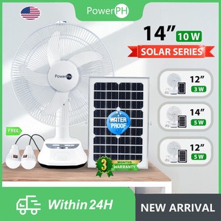 POWERPH 12 14inch Rechargeable Electric Solar Fan With Solar Panel And 2 Free Bulbs And Charger