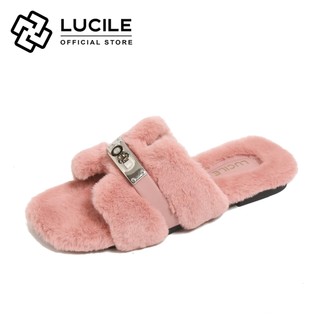 Lucile 5578 New Buckle Fuzzy Plush Slippers Comfy Sandals For Women