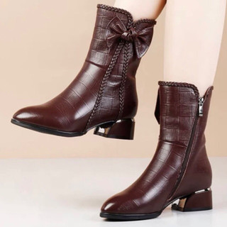 #719 New Fashion Pointed Toe Leather Braided Bow Thick Heel Ankle Zipper Martin Boots(1.5 INCH)