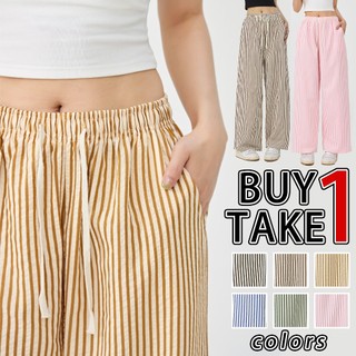 【BUY1TAKE1】 Women's Vertical Stripe t Wide Leg Pants Two Pockets, Loose Straight Leg Cotton Trousers