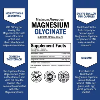 Magnesium Glycinate 500mg Capsules เพื่อสุขภาพที่ดีของระบบประสาท กล้ามเนื้อ หัวใจ อารมณ์ และการนอนหลับ
