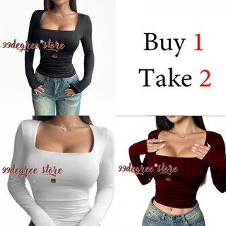 Buy 1Take 2 And Buy 1 Take 1 Double Lining Square Neck Long Sleeves Top Body Hugging Top For Women B