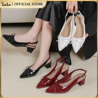 LALA French Pointed Heels With Bow Design High Heels Gloss Rubber Casual Sandals For Women