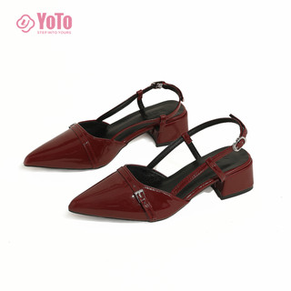 YOTO Sandals For Women With Heels Leather Pointed Toe Adjustable Strap Retro French Fairy Style