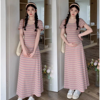 Plus Size M-3XL Summer Maternity Dress Rainbow Striped Short Sleeve Slim Casual Maxi Dress for Women