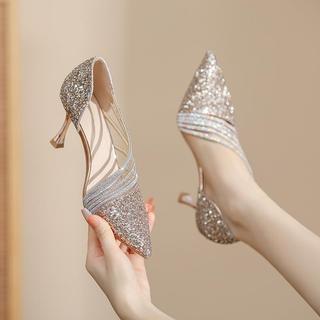 AURORA Champagne rhinestones, elegant and versatile, temperament pointed stiletto heels High heel