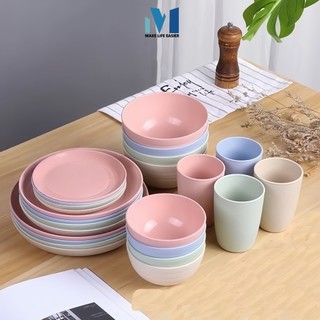 MK 18 Piece Wheat Straw Tableware Set Unbreakable Lightweight Microwave Safe Plates Bowls Cups
