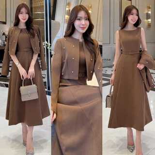 baao  Elegant  2-Piece Set: Pearl-Embellished Cropped Blazer + Sleeveless w/blet Midi Dress