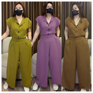 Women's casual simple solid color V-neck flutter sleeve top + loose pants two-piece set  L2579