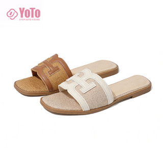 YOTO Pu Leather Sandals For Women Splicing Design Square Toe Soft Elegant Slippers Office Ladies