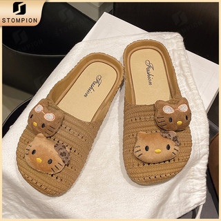 STOMPION Korean Sandals For Women Round Toe Flat Cartoon Cat Outdoor Casual Breathable Slippers