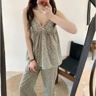 Korean Popular V-neck M-2XL Pajamas with Removable Chest Pads for Woman Ples Loungewear