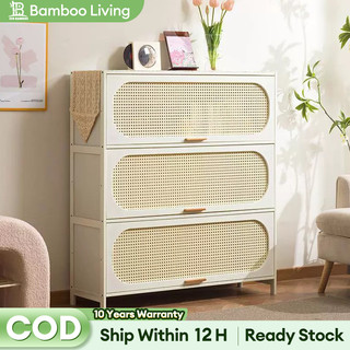 【On Hand】Bamboo Storage Cabinet 3/4/5 Layers Rattan Door Dustproof Bookshelf Cabinet Organizer