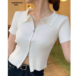 #5930 Korean style fashion T shirt women lapel slim knitted short sleeved top