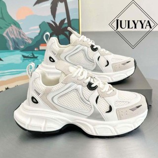 Julyya White Leather High Quality Mesh Thick Bottom Casual Chunky Sneakers Shoes for Women