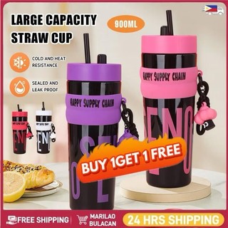 【BUY 1 TAKE 1】900ML Hot Cold Straw Water Bottle With Rope Outdoor Portable Capacity Plastic Tumbler
