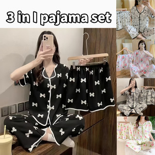 Korean 3 in 1 pajama terno for woman breathable and soft pajama set Breathable Lounge Wear Sleepwear