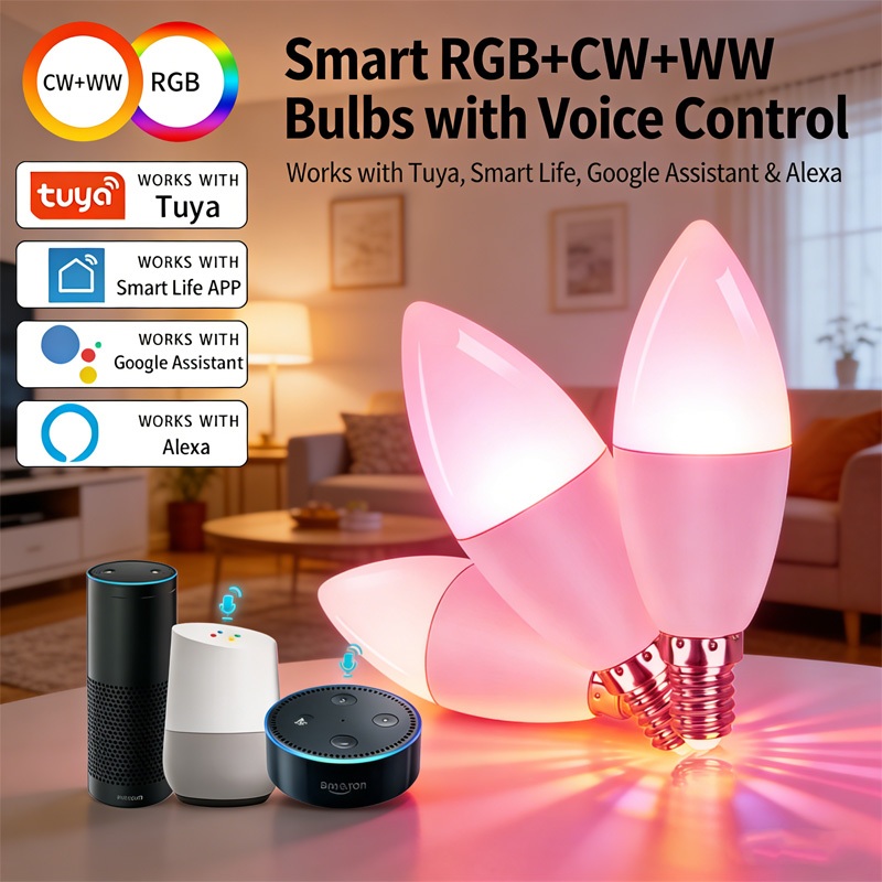 หลอดเทียน LED อัจฉริยะ E14 Tuya Smart Life 6W RGBW เชื่อมต่อ WiFi+บลูทูธ รองรับควบคุมด้วยเสียง Alexa