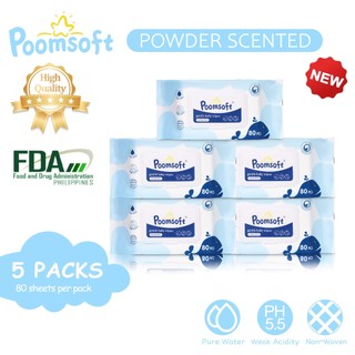 Poomsoft 5 Packs x 80 Sheet Powder Scented No-Alcohol Gentle Wipes For Baby Disposable Wet Wipes