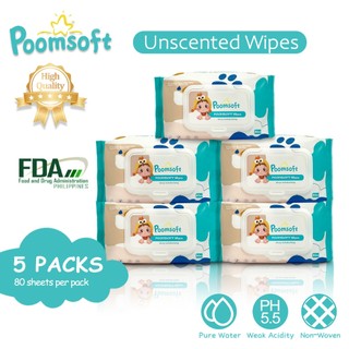 Poomsoft 5 Packs x 80 Sheet No-Alcohol Unscented Safe Baby Gentle Wipes Baby Essentials Set Bundle