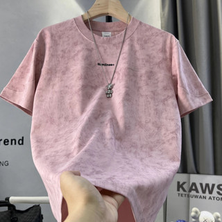 Ice Silk Tie-dye Short-sleeved T-shirt for Men Casual Loose Korean-style Pink Round Neck Top