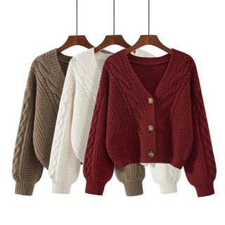 Miss M Button Down Long Sleeve Braided Pattern Loose Woolen Knitted Cardigan Top M1508