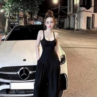 ACHS Strap Vest Women's Slim Fit Top+High Waist Wide Leg Pants Two-Piece Set