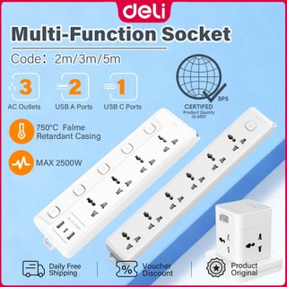 Deli T7/T7P/E7 Power Strip Socket 2500W/10A Extension Outlet 3/4/6 Sockets with 2M/3M/5M Power Cord
