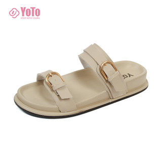 YOTO Sandals For Women Leather Double Strap Buckle Comfort Non-Slip Outdoor Slide Slippers