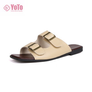 YOTO Summer Flat Slippers For Women Casual Leather Double Strap Design Indoor Outdoor Sandals