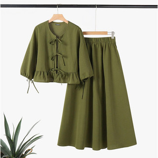 Women Korean Fashion Muslim Long Sleeve Patchwork A Hem Tops + Skirt Sets  L2622