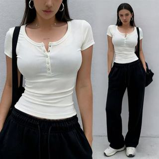 Angelcity Women's Knit Short-Sleeve Tops With Buttons Full Length Scoop Neck Korean Fashion
