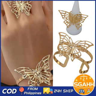 2PCS/SET Creative 18K Gold Vintage Bohemian Hollow Butterfly Bracelet Ring with Adjustable Opening