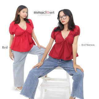 LOTTIE TOP — MMACLOSET PUFF SLEEVE DEEP V-NECK BUSTIER PEPLUM TOP XS-XLARGE SIZE