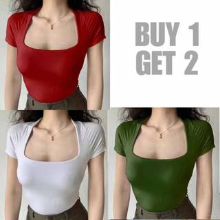 BUY 1 TAKE 2(3PCS) Squera Neck SummerBasic Top Stratch Slim Doubel Lining Short Sleeved Womens