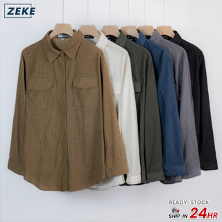 ZEKE A0022 Corduroy Polo Shirt Long Sleeved For Men's Plain Pocket Collared NeckTop Casual Polo Men