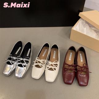 S.Maixi Korean Square Toe Ballet Flats Women Fashion Bowknot Comfortable Mary jane shoes Red/Silver